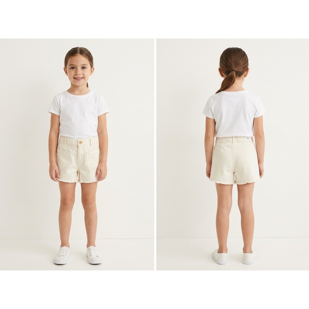 Zara Denim Shorts Kids 5-6 Ecru Excellent Frayed Hem Patch Pockets
